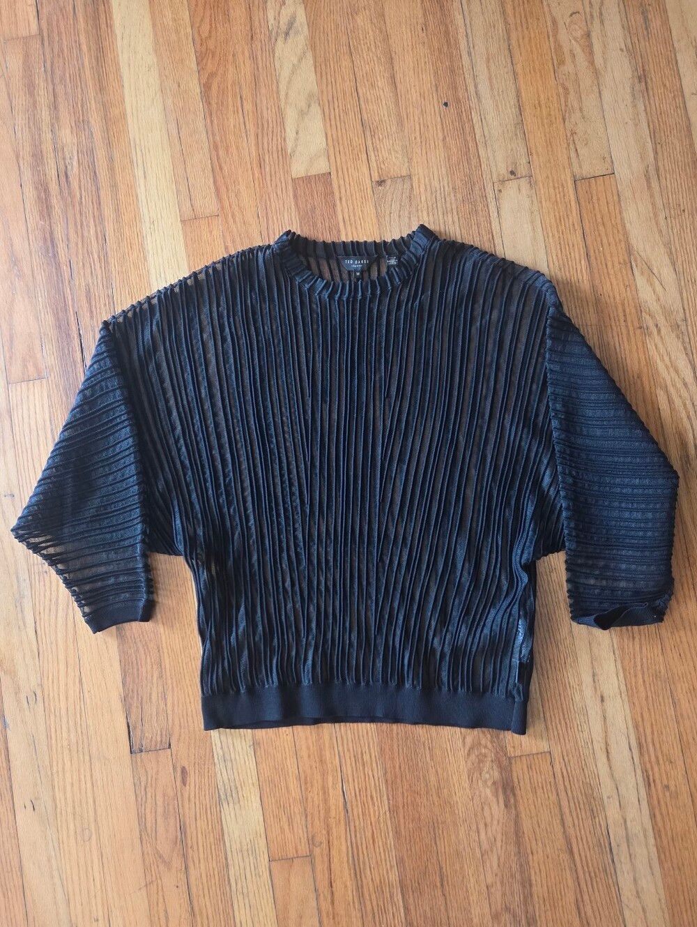 Ted Baker Nellay Black Sheer Textured Stripe Barrel Sleeve Knit Top Medium